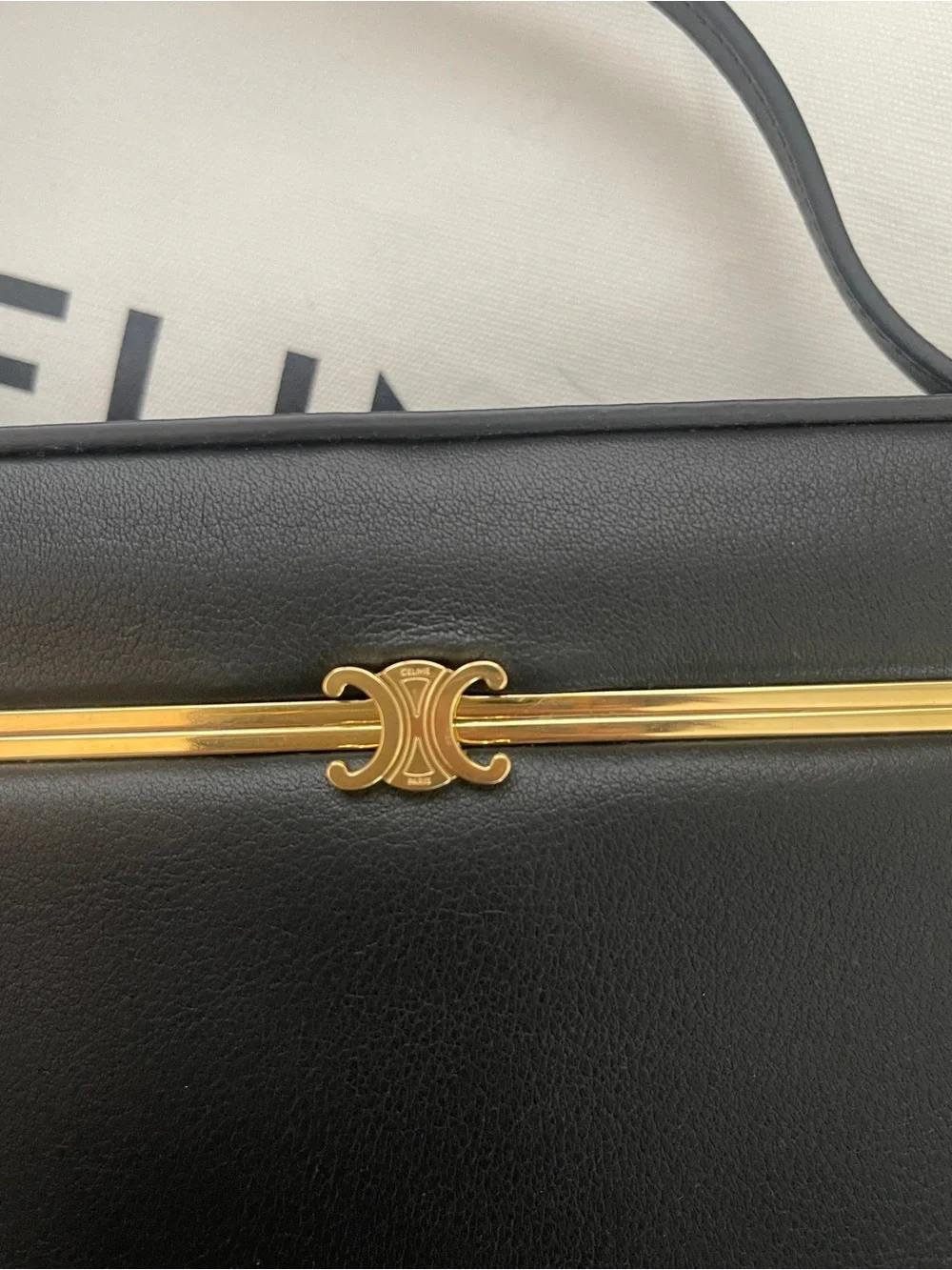 Celine rectangle Black Leather Top-Handle Satchel with Gold Hardware
